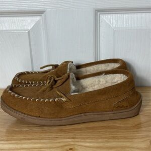 MY SLIPPERS faux fur lining hard bottom moccasin slippers in tan women’s size 7